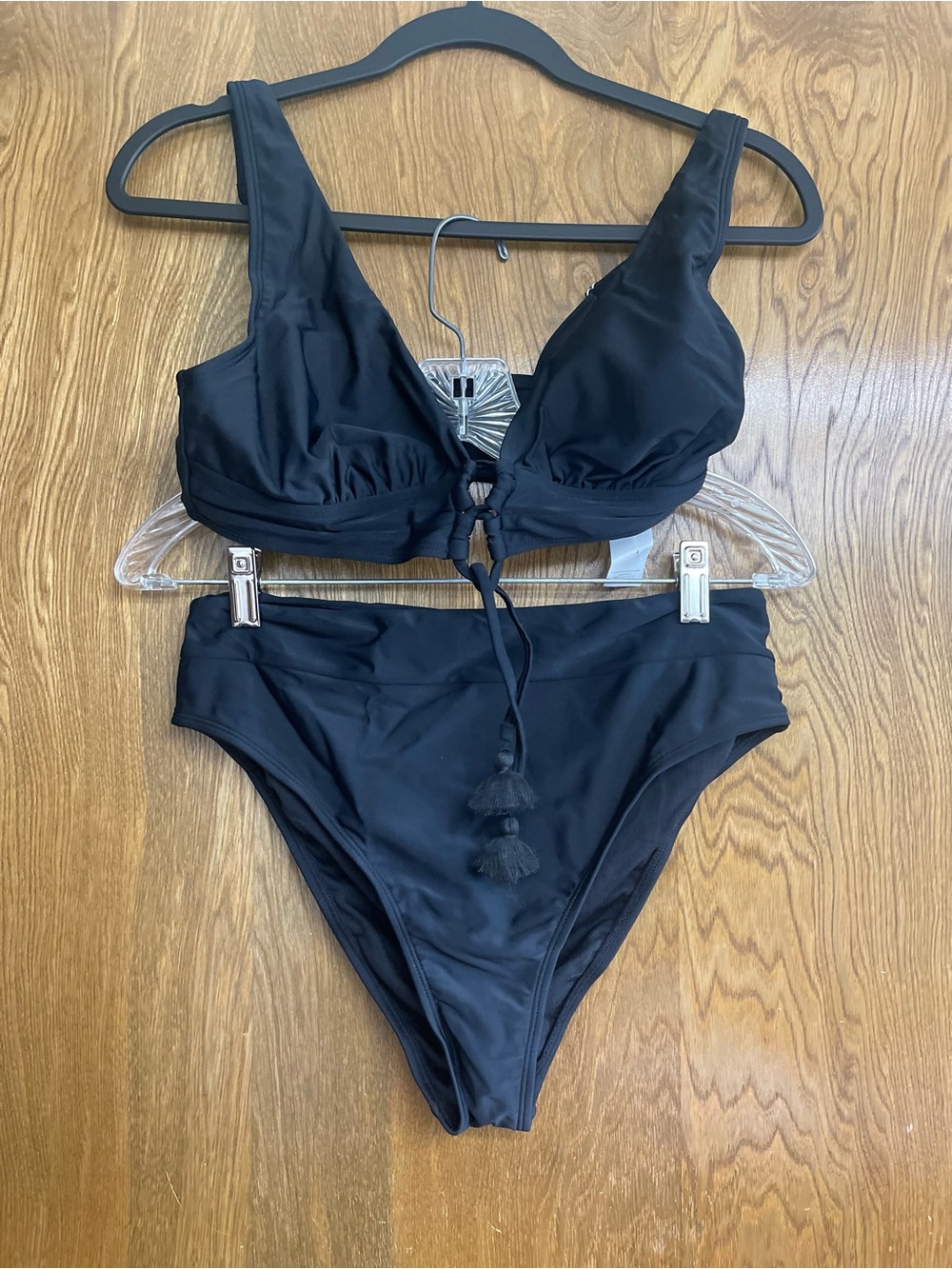 Medium Swimsuit Black High-Waist Tassel Bikini Set boho beach summer